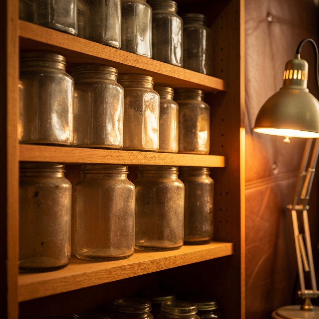 Collection of jars on wooden shelf